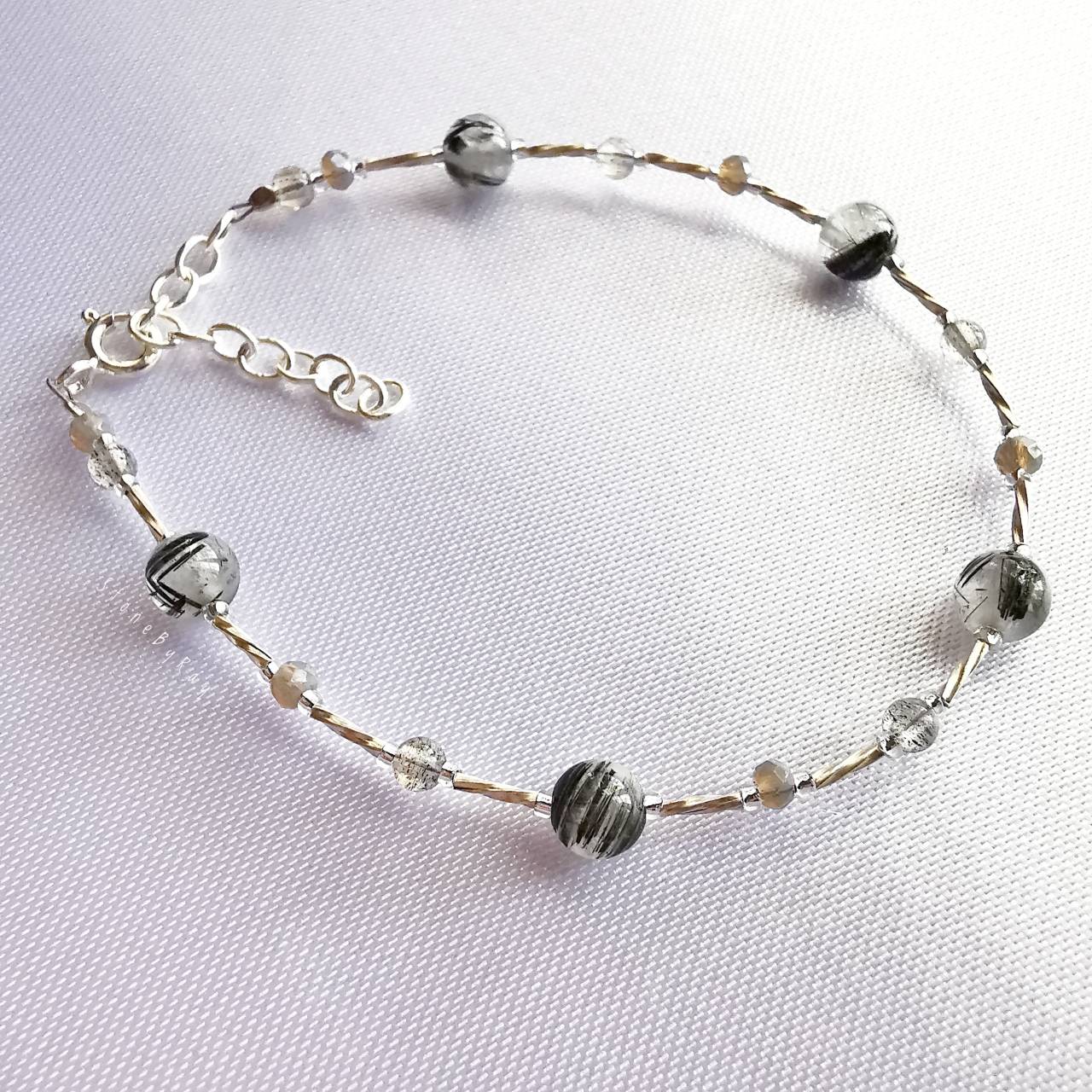 สร้อยข้อมือเงินหินลาบราโดไลท์+หินไหมดำ Labradorite+Black Tourmaline Quartz