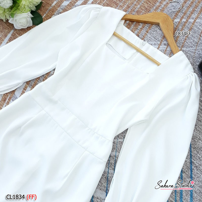 kudapy เดรสสั้น แขนยาว คอเหลี่ยม งานผ้าซาร่าอย่างดี มีซิปซ่อนหลัง เอวไม่สม็อค