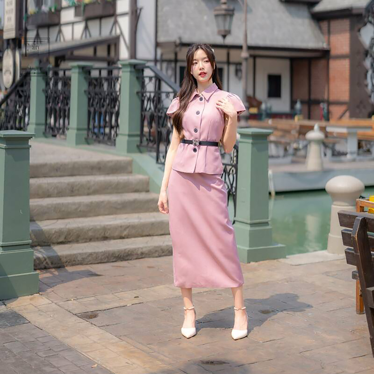 kudapy ชุดเซ็ทออกงาน+เข็มขัด แขนสั้นคอปก ใส่ออกงานสวยดูดี