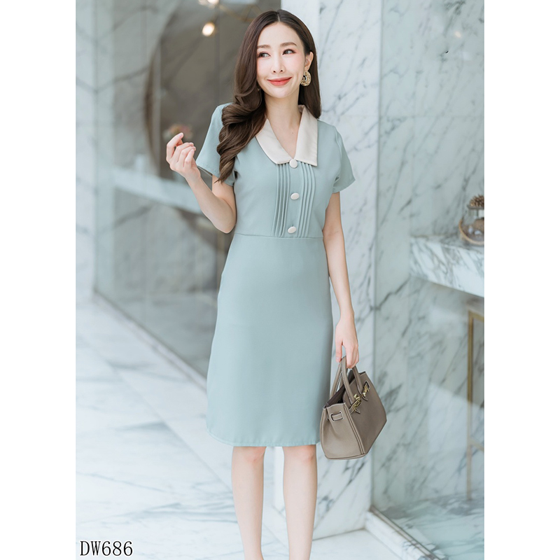 kudapy เดรสสั้นสีเขียว คอปกจีบอกเนื้อผ้าดีใส่สบาย