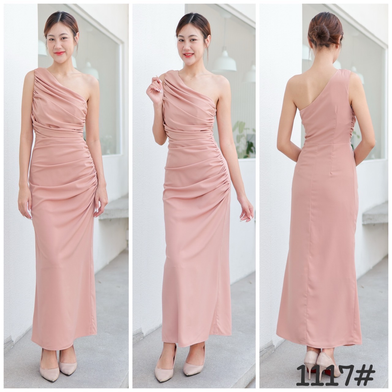 kudapy เดรสยาวออกงาน ไหล่เดี่ยว จับจีบย่น เข้ารูป เนื้อผ้าชีฟองหนา มีซับในทั้งตัว