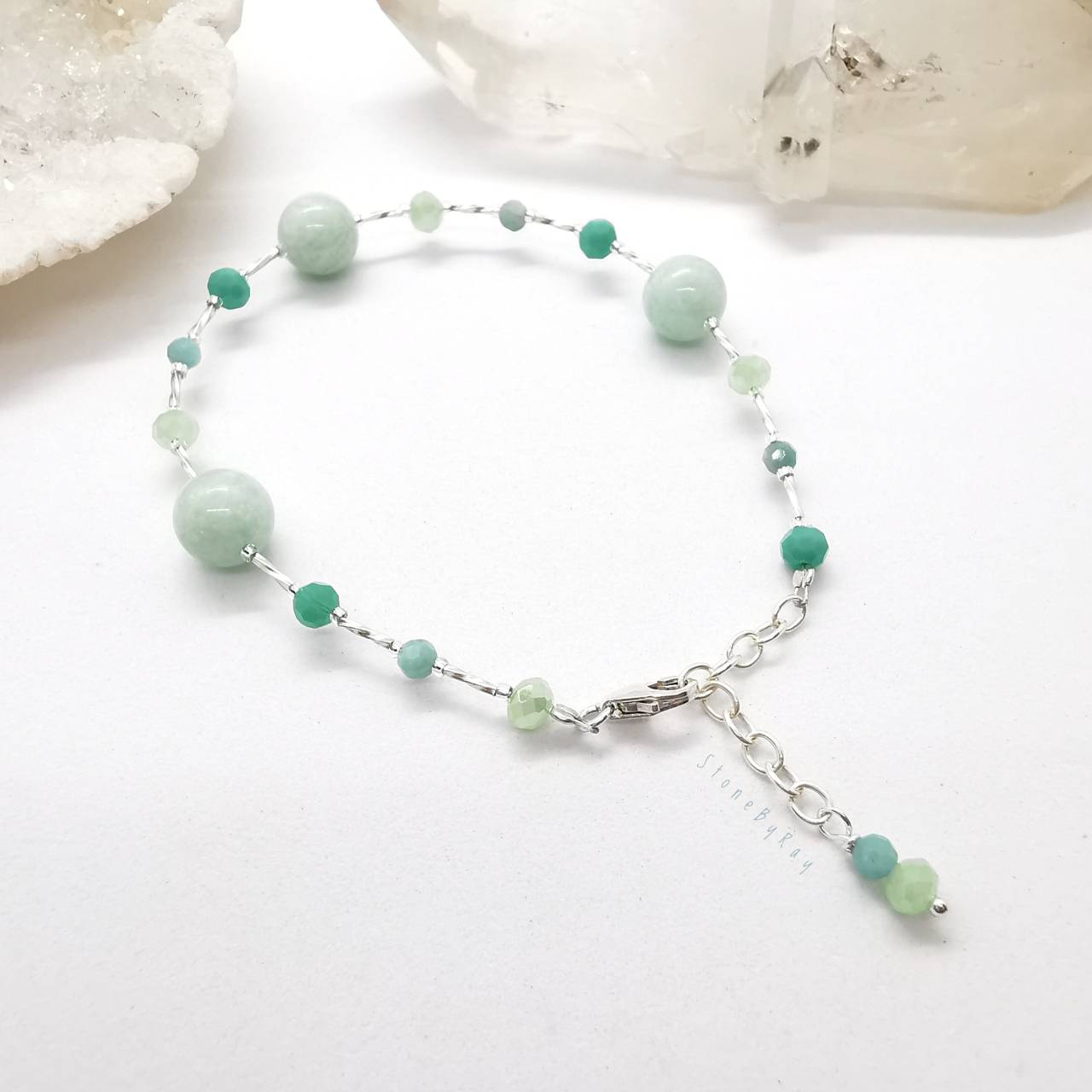 สร้อยข้อมือเงินหินอมาโซไนท์สีเขียวมินต์ Amazonite