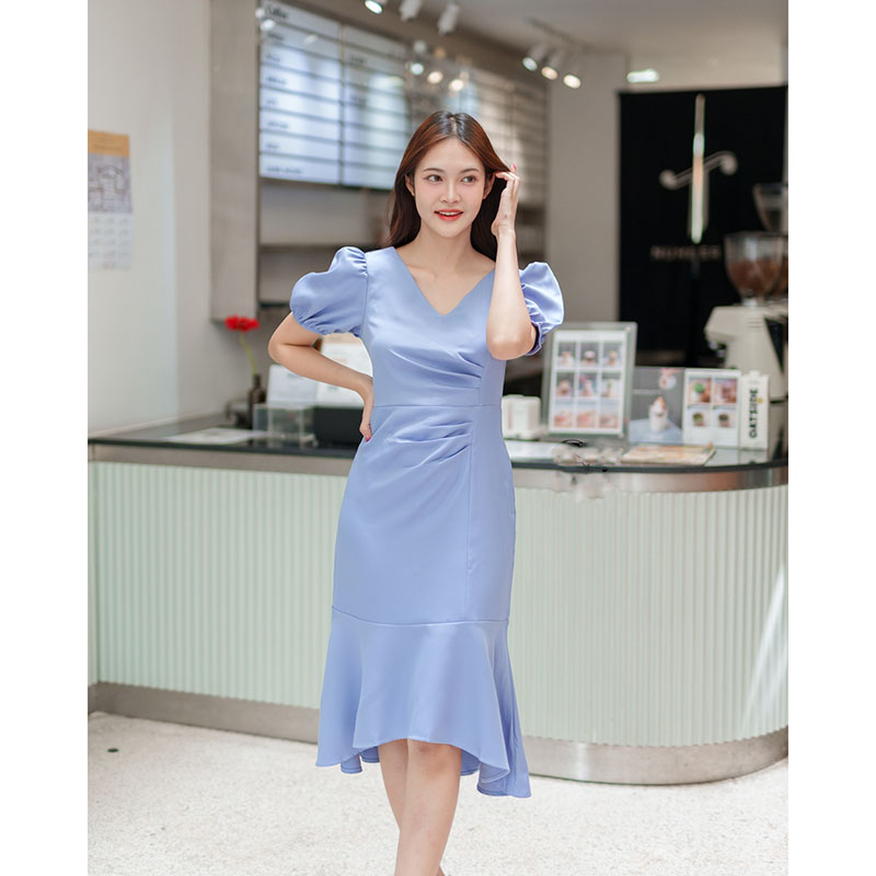 kudapy เดรสสั้นสีฟ้า เรียบหรู ดูแพง ใส่ไปงานแต่งกลางวัน/กลางคืน ชุดราตรี ชุดไปงานแต่ง