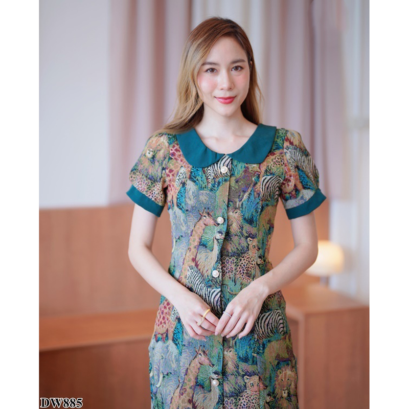 kudapy เดรสสั้นสีชมพู/สีเขียว/สีครีม คอบัวลูกไม้ผ้าทอ