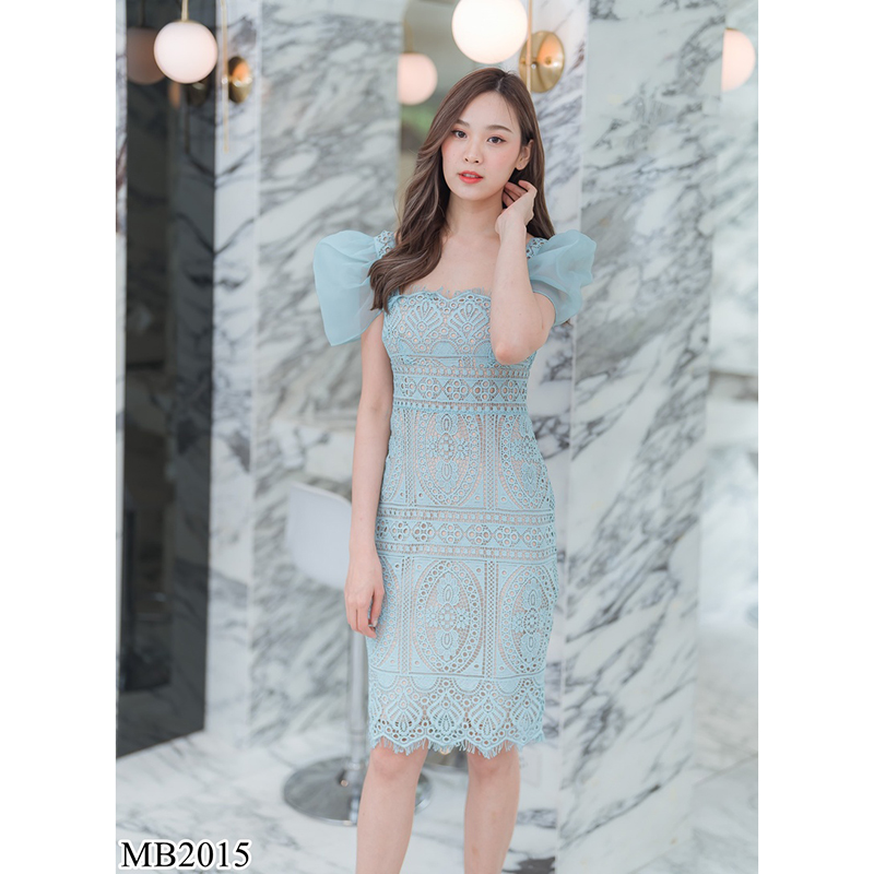 kudapy เดรสสั้นสีขาว/ชมพู/ฟ้า/สีเขียว ลูกไม้แขนชีฟองใส่สบายสวยดูดีเรียบร้อย