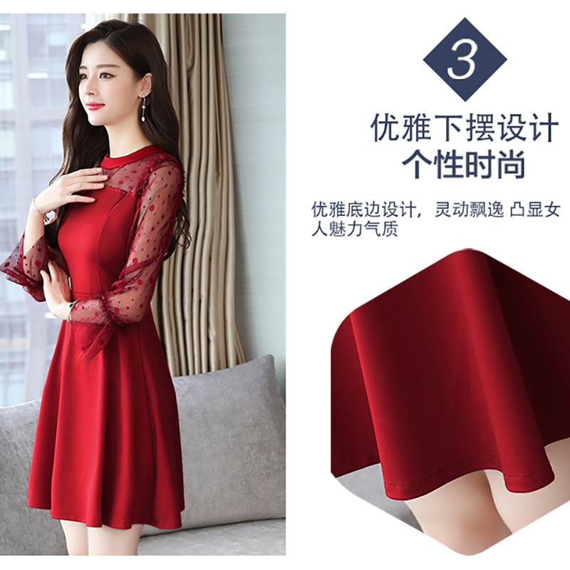 kudapy เดรสสั้นผ้ายืดสีแดงเลือดนก คอกลม แขนยาวผ้าโปร่ง กระโปรงทรงเอ สวยเก๋ ดูดี