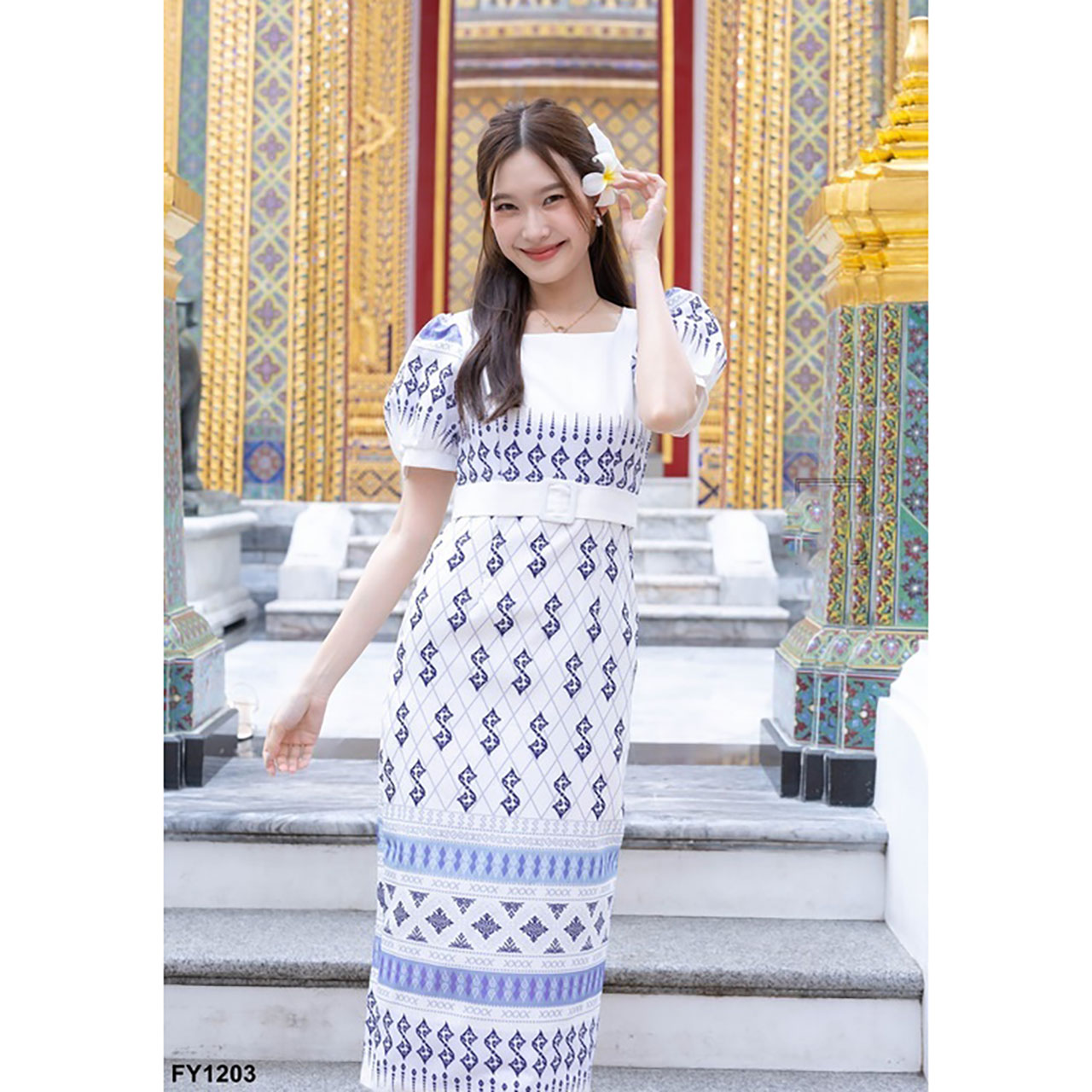 kudapy เดรสยาวแต่งคาดเอวแขนตุ๊กตา ผ้าลายไทย ใส่ไปงานวัด งนบุญ