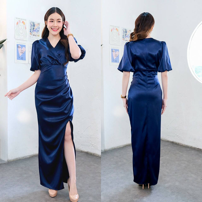 kudapy เดรสยาวสีกรมท่า/สีโรสโกลด์/สีพิ้งค์โกลด์/สีฟ้า/สีเขียวเบจ เนื้อผ้า ดัชเชสอัดกาว เงาสว คอวี แขนสั้น ใส่ออกงานสวยดูดี