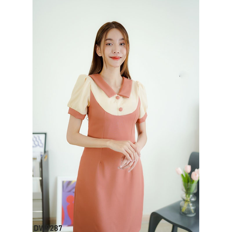 kudapy เดรสสั้นสีส้ม/สีดำ/สีแดง ทูโทนแขนจั๊ม สวยดูดี ใส่ทำงาน ออกงาน