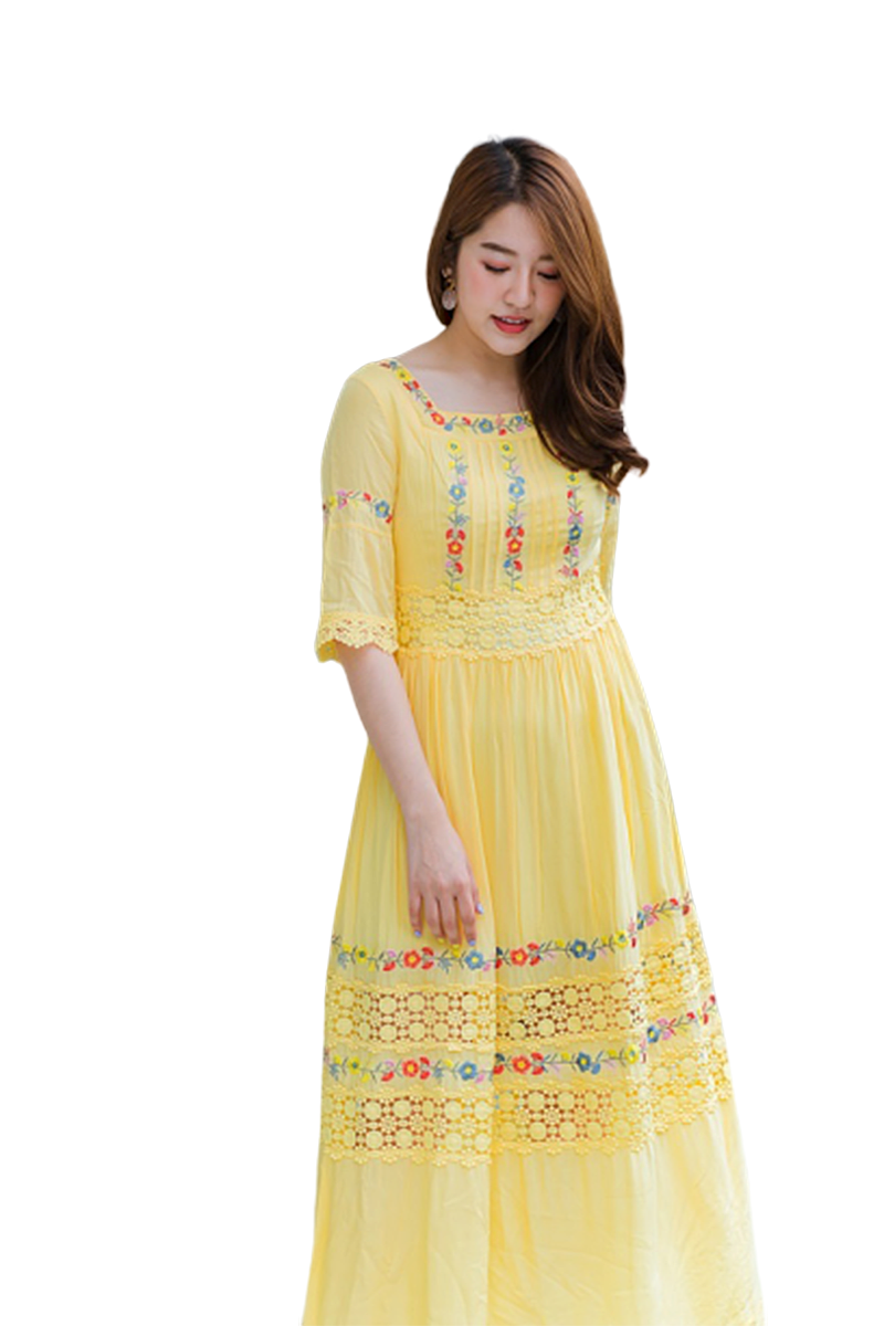 เดรวยาวคอเหลี่ยมสีเหลือง สไตล์โบว์ฮีเมี่ยน ผ้าเรย่อนเบาๆ S/XL