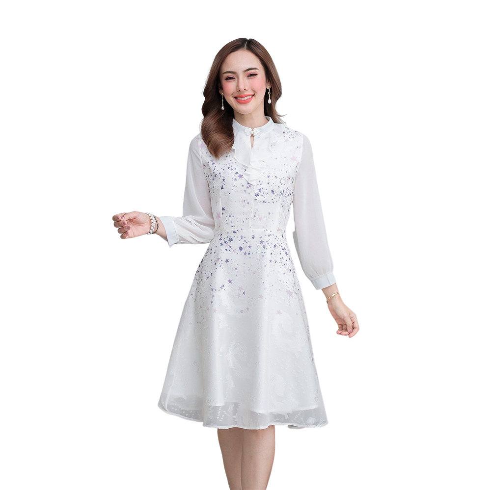 kudapy เดรสสั้นแขนยาวสไตล์ญี่ปุ่น สีดำ/สีขาว พิมพ์ลายกาแล็กซีดาว แต่งผ้าชีฟองด้านนอก พิ้วทิ้งตัวทรงสวยมาก
