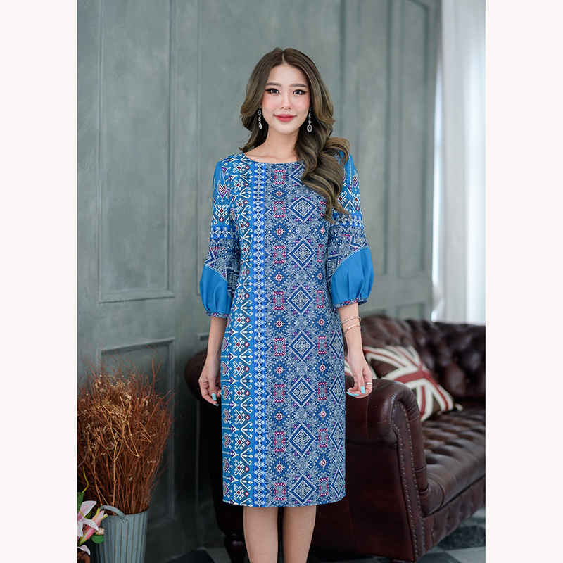 kudapy เดรสสั้นสีน้ำเงิน/สีม่วงกะปิ พิมพ์ลายไทย งานเนื้อผ้านิ่มใส่สบายค่ะ ใส่ทดแทนผ้าไทยเนื้อจะเบาไม่อึดอัด