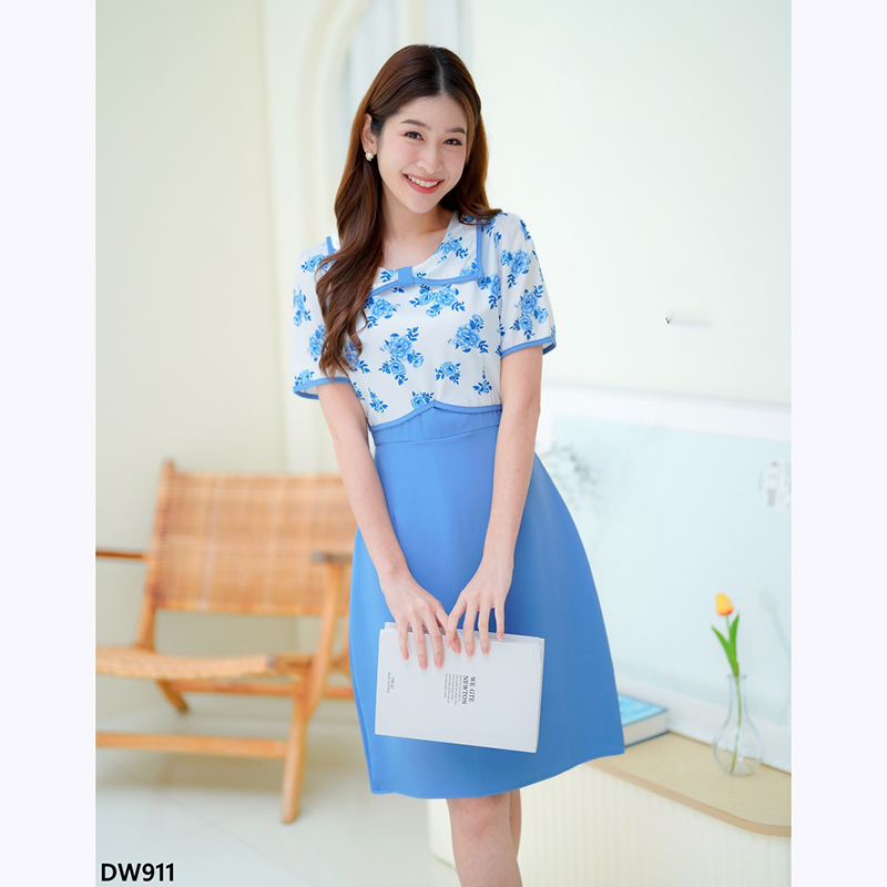 kudapy เดรสสั้นสีฟ้า/สีม่วง/สีน้ำตาล กระโปรงสีพื้นท่อนบนลายดอก
