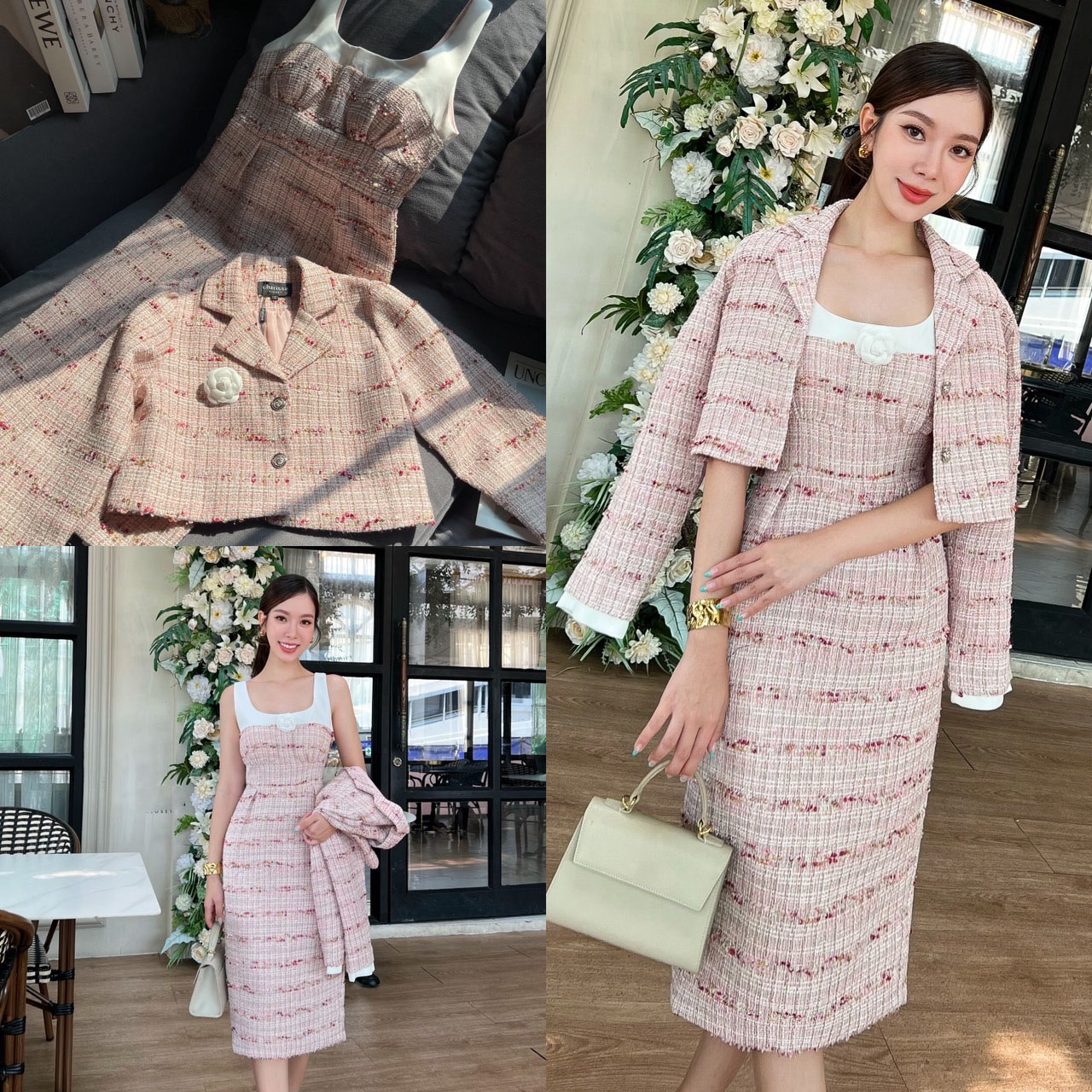 kudapy ชุดเดรสผ้าพรีเมี่ยมทวิตทอลายพิเศษมาพร้อมเสื้อคลุมและดอกไม้ สวยใส่สบาย