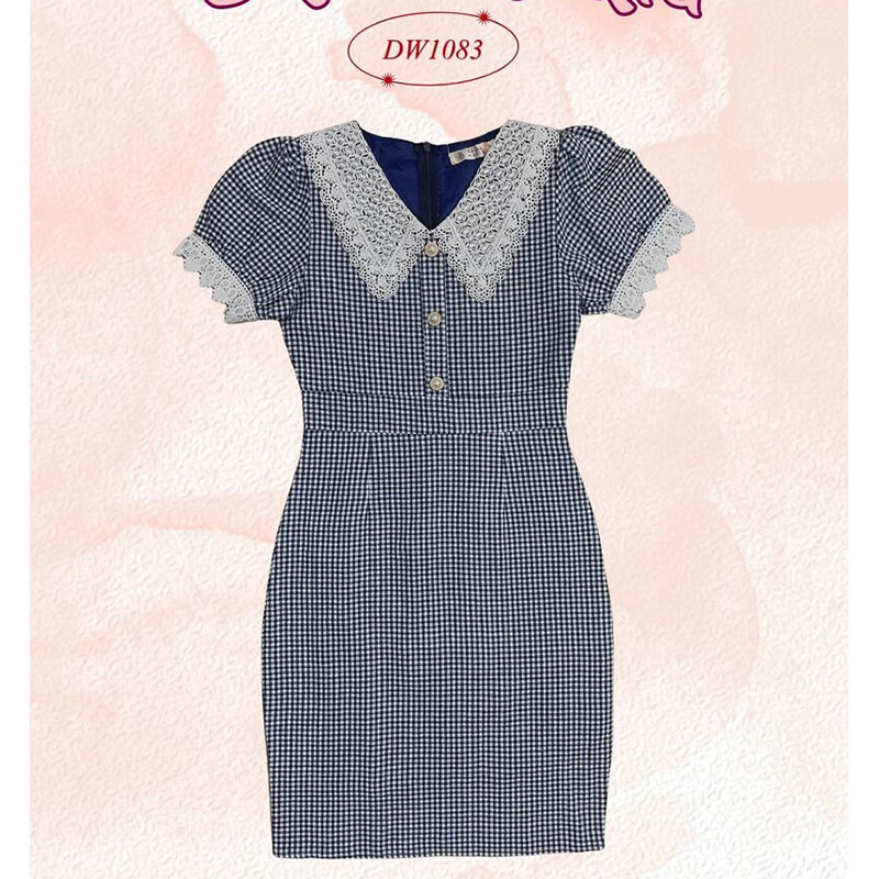 kudapy เดรสสั้นสีฟ้า/สีเขียว/สีกรม ลายสกอตคอปก แต่งกระดุมหน้า สวยดูดีน่ารัก