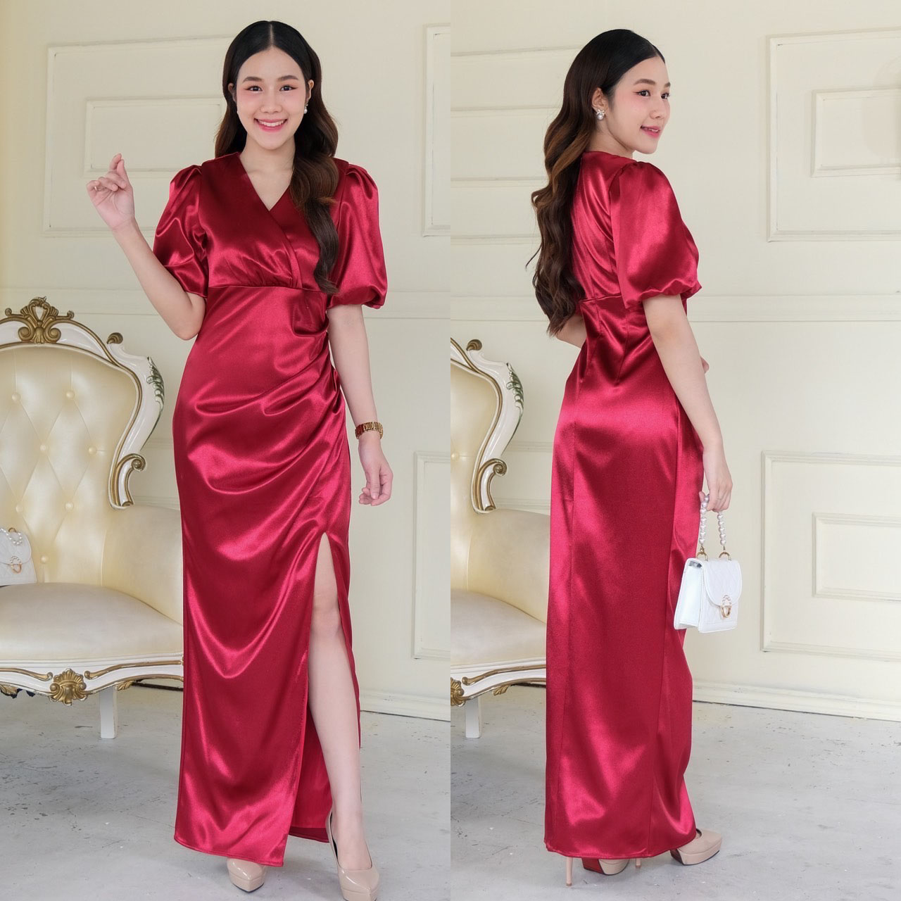 kudapy เดรสยาวสีแดง/สีน้ำตาล/สีเขียวขี้ม้า ทรงคอวี แขนพอง เอวสูง จับเดรปย่นช่วงสะโพก ผ่าหน้าขา