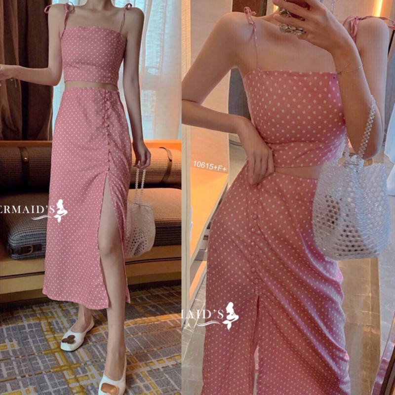 kudapy Set ไปทะเล เสื้อสายเดี่ยวผูก+กระโปรงผ่าหน้า ลายจุดเล็ก