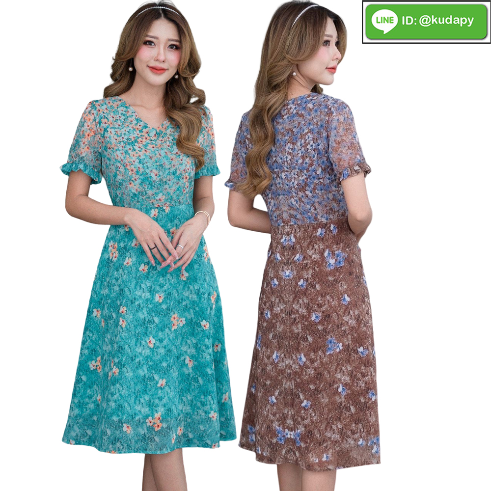 kudapy เดรสสั้นผ้าชิฟฟ่อนสีน้ำตาล สีเขียว พิมพ์ลายดอกไม้ไล่สี เดรสสั้นคอวี แขนสั้นให้ดูสวยหวานค่ะ งานผ้าพริ้วใส่สบาย