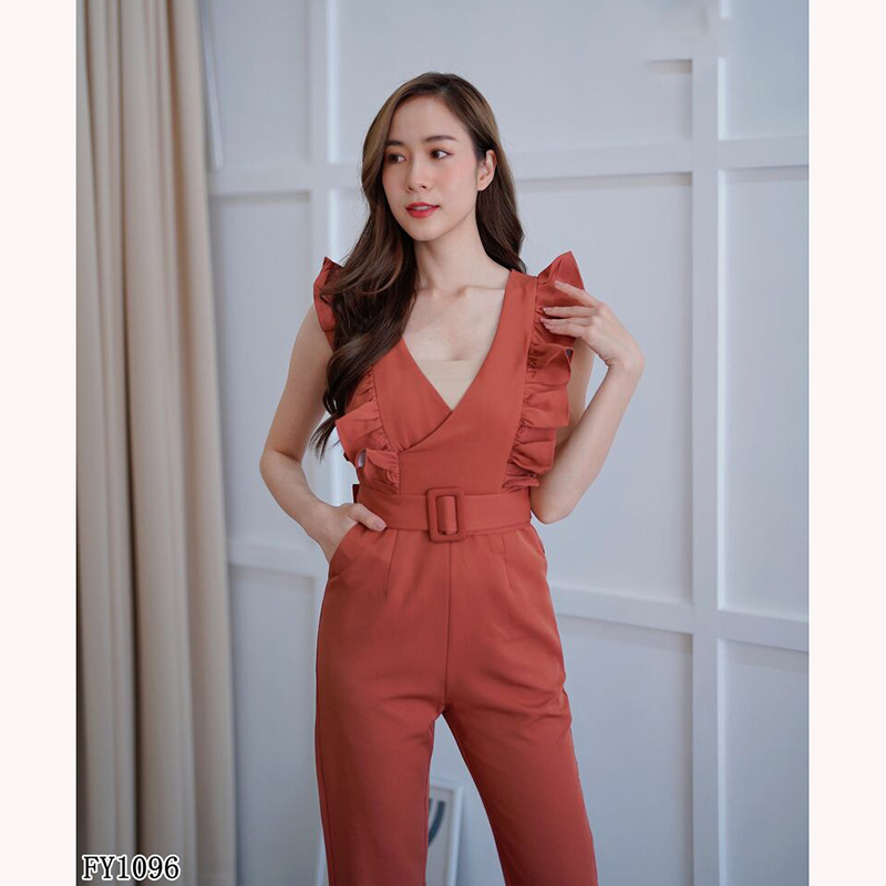 kudapy จั้มสูทขายาวสีฟ้า/สีน้ำตาล ระบายอก แต่งเข๊มขัดสวยดูดี ใส่สบาย