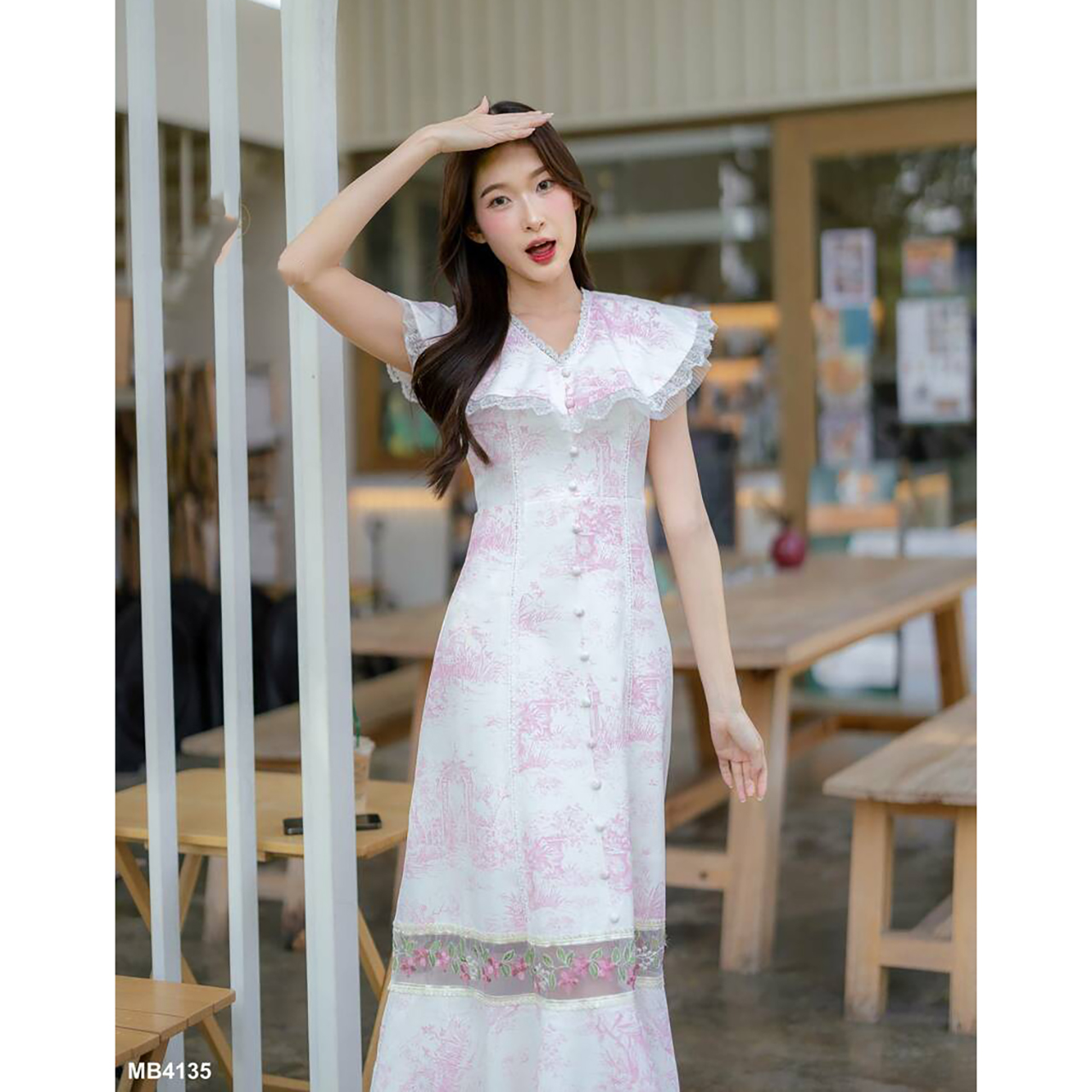 kudapy เดรสยาวสั้นสชมพู/สีฟ้า คอปกแต่งระบาย