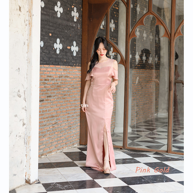 kudapy เดรสยาวPink Champagne/Pink Gold ทรงสวย ใส่ออกงานสวยหรูดูแพง ช่วงบนทำเป็นอก Curve คล้ายเกาะอก แต่จริงๆแล้วแต่งด้วยผ้าซีทรูใส่ง่ายไม่ต้องกลัวโป๊กลัวหลุด