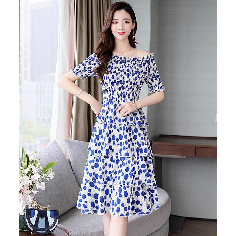 kudapy ชุดเดรสสั้นสีแดง,สีน้ำเงิน ใส่ทำงาน ผ้าโพลีเอสเตอร์ผสมพื้นสีครีม