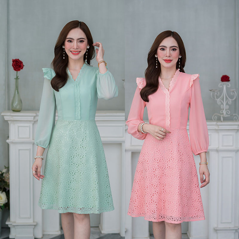 kudapy เดรสสั้นสีโอรส/สีเขียวมิ้น แขนยาวชีฟอง กระโปรงลูกไม้ ดีเทล แต่งผ้าลูกไม้คอตตอนช่วงไหล่ คอและอก ช่วงไหล่เป็นแขนปีกนิดๆสวยเก๋