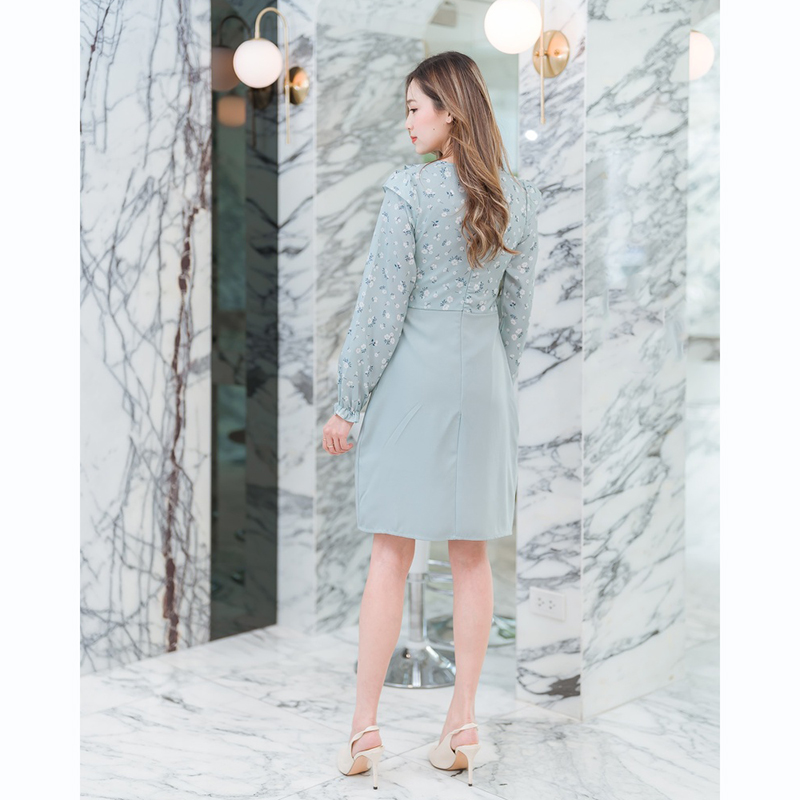 kudapy เดรสสั้นคอกลมสีฟ้า/สีชมพู/สีเขียว ใส่ทำงานแขนยาวคอระบายผูกโบว์กลางอก