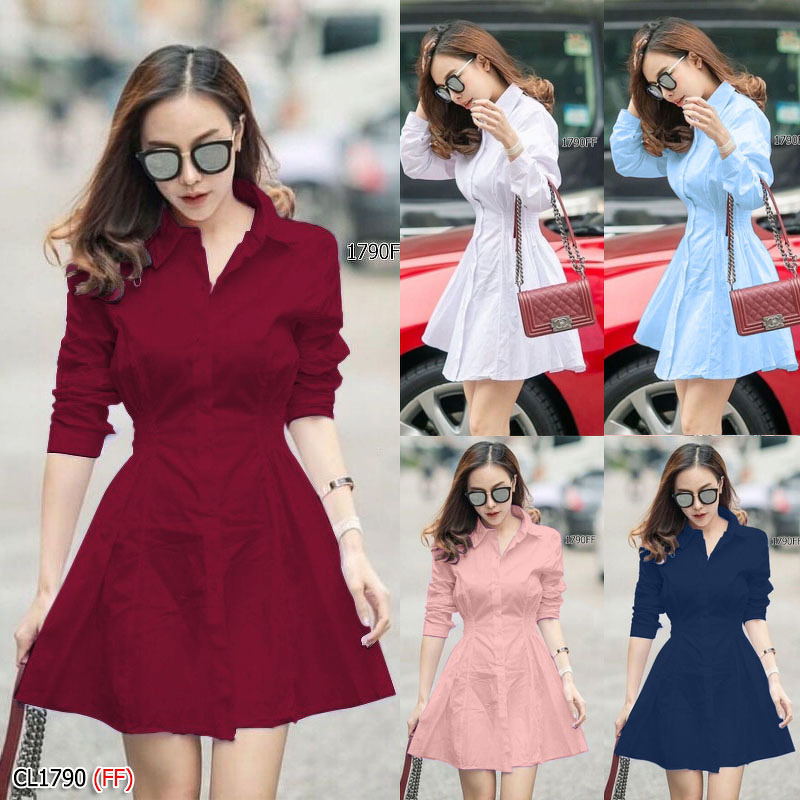 kudapy เดรสเชิ้ตแขนยาวสีแดง โอรส ฟ้า ชมพู ผ่าติดกระดุมหน้า แกะออกได้ ช่วงเอวสม็อคยางยืด 2 ข้าง