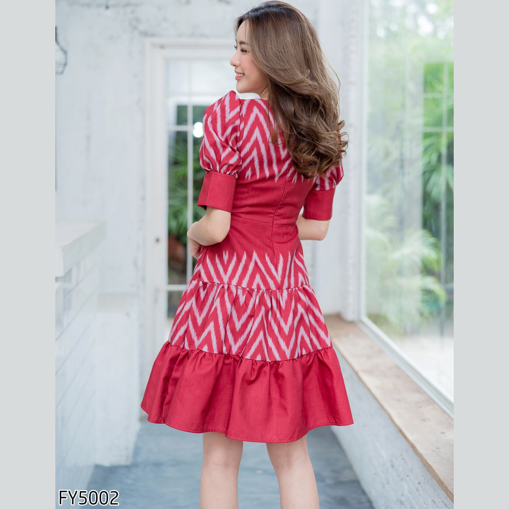 kudapy เดรสสั้นผ้าไทยแขนพองตุ้กตา เดรสสั้นไปงาน กระโปรงระบายสองชั้น งานวิบหลังจร้าา