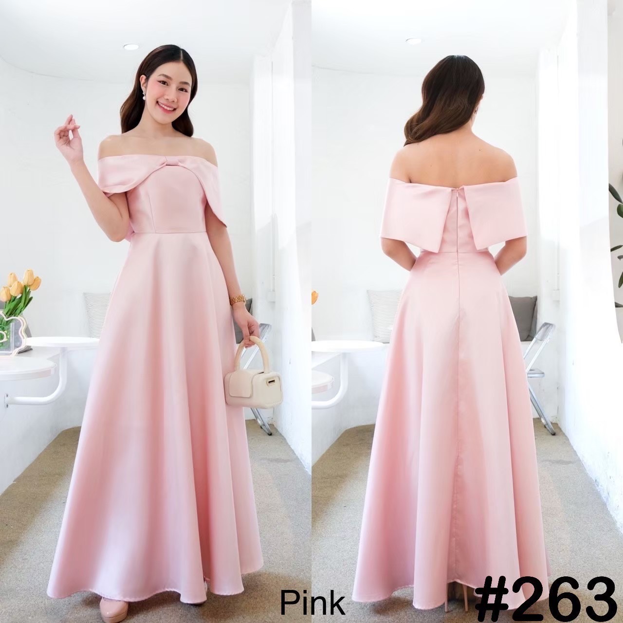 kudapy Maxi เดรสยาว เจ้าหญิง เปิดบ่า ดีเทลอกโบว์ใหญ่ กระโปรงบาน ลุคหวานๆ พรางแขน โชว์เอวสับๆ