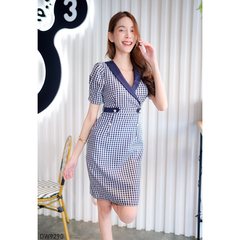 kudapy เดรสสั้นสีม่วง/สีกรม/สีชมพู คอปกสูทลายสก็อต