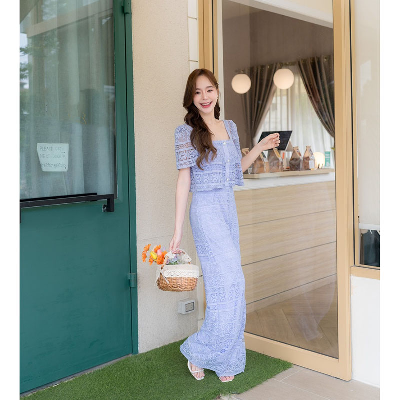 kudapy เซตเสื้อสีครีม/สีม่วง เสื้อครอปลูกไม้แต่งแขนตุ๊กตากิมมิคกางเกงขายาว