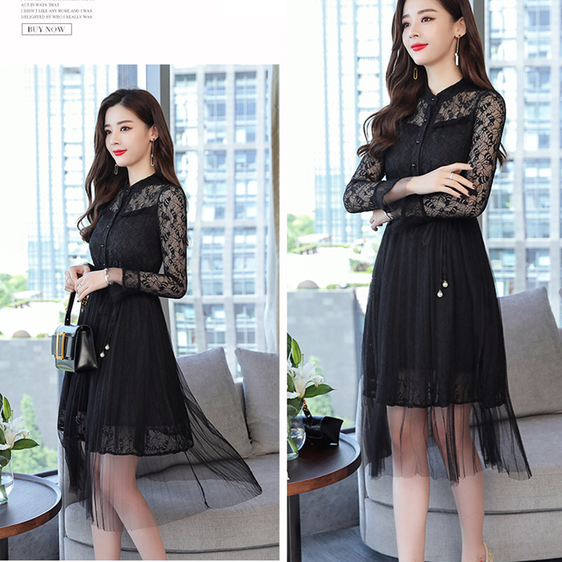 kudapy ชุดเดรสสั้น ผ้าลูกไม้สีดำ/สีครีม เดรสคอจีน แขนยาวผ้าลูกไม้นิ่มทิ้งตัวทรงสวยตามแบบ