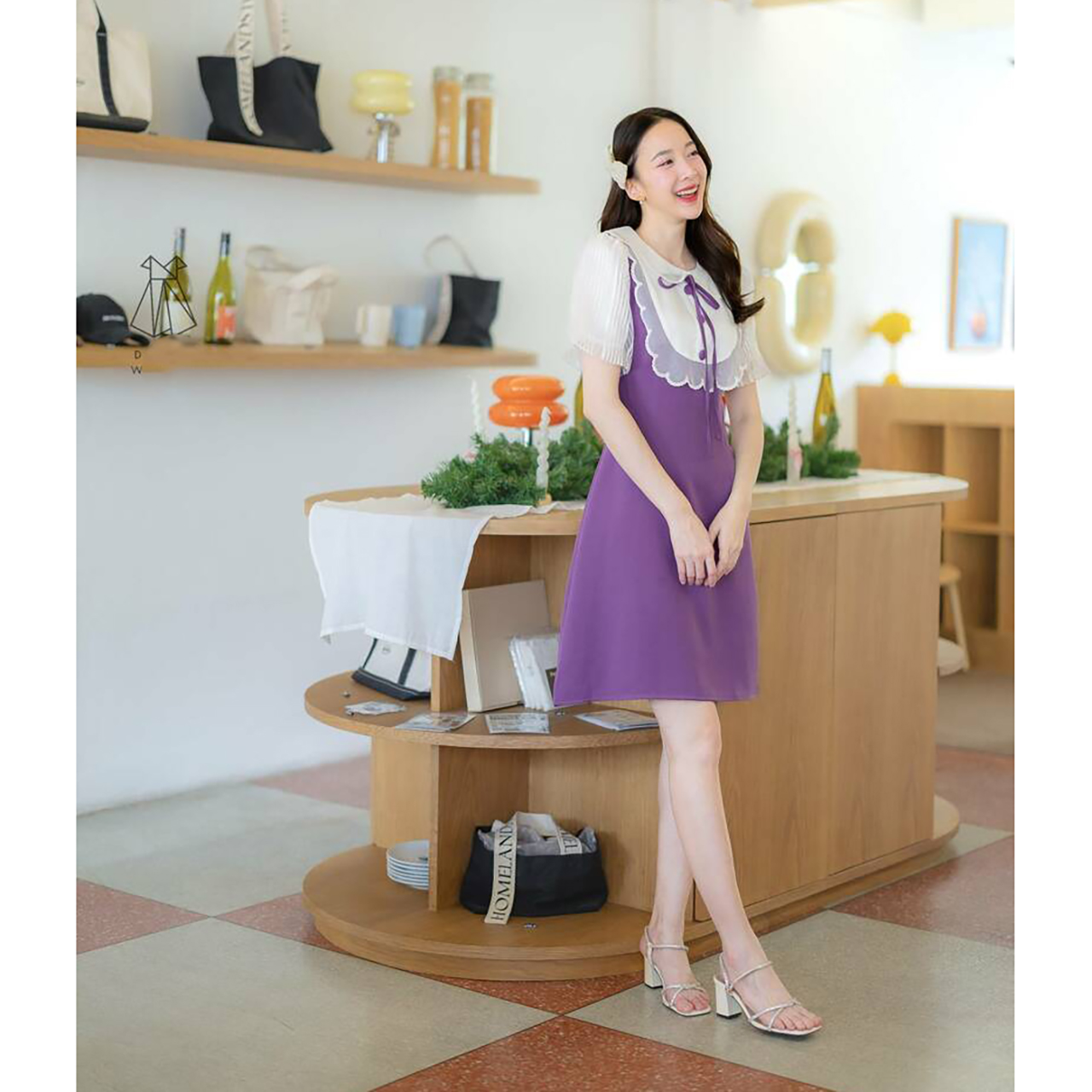 kudapy เดรสสั้นสีม่วง ผ้าพื้นแขนตุ๊กตาแต่งคอ