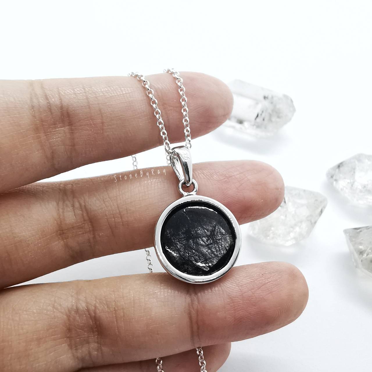 สร้อยคอเงินจี้หินไหมดำ Black Tourmaline Quartz