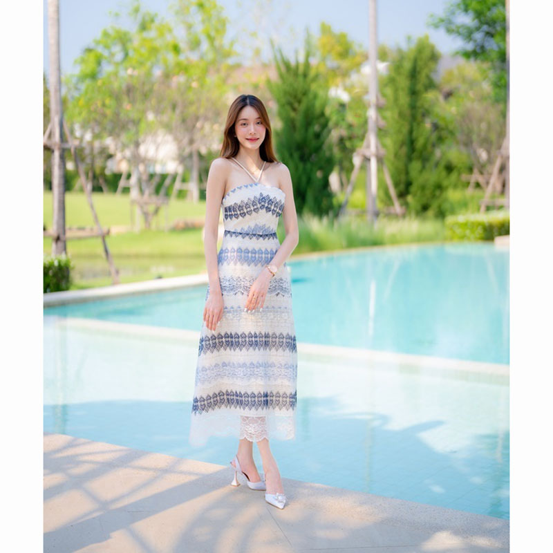 kudapy เดรสยาวสีฟ้า/สีชมพู ลูกหัวใจยาวผูกคอ ใส่เที่ยวทะเล เนื้อผ้าเบาสบายตัว