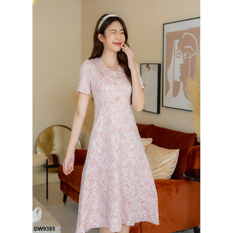 kudapy เดรสสั้นสีชมพู/สีครีม/สีฟ้า คอปกลายดอกกระโปรงทรงบาน