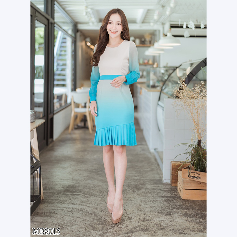 kudapy เดรสสั้นทูโทนสีชมพู ,สีครีมฟ้า แขนยาว ผ้าชีฟองยาวกึ่งกระโปรงพลีสสวยดูดีน่ารักมากๆ