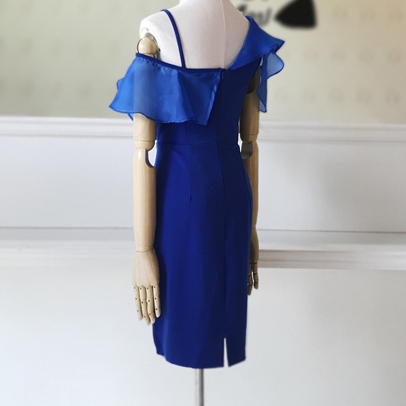 kudapy เดรสสั้นสีน้ำเงินไหล่เบี่ยง แต่งระบายผ้าไหมแก้ว แบบน่ารัก สวยๆ เรียบหรูดูแพง