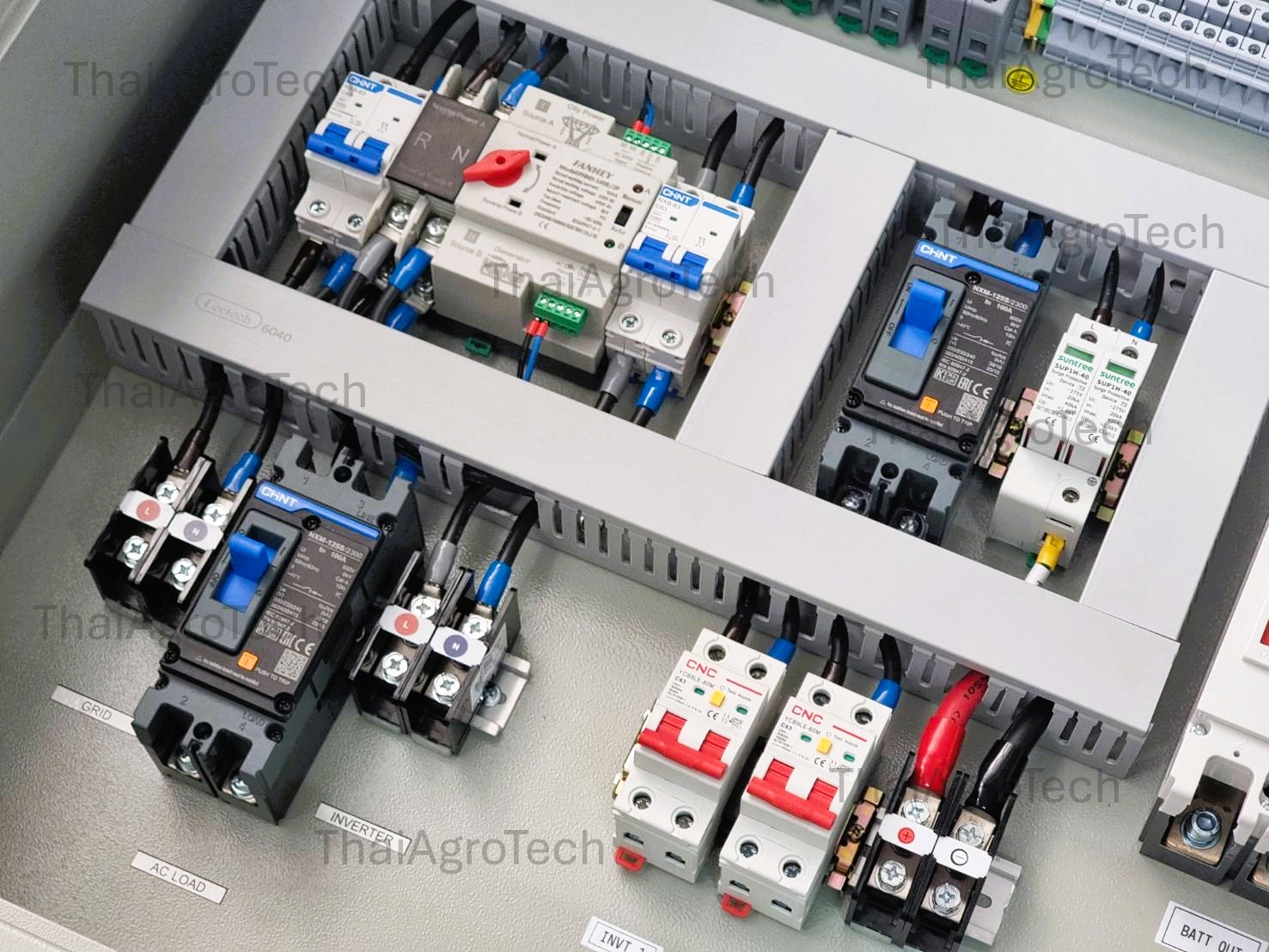 AC-DC Combiner On/Off-Grid Hybrid DC 6 String 800V, 2Inverters 1Phase, ATS (สลับไว) ตู้คอมบายเนอร์ สำหรับระบบโซล่าเซลล์ออนออฟกริดไฮบริด แบบรวม 2 อิเวอร์เตอร์ 1 เฟส ไว้ในตู้เดียวกัน