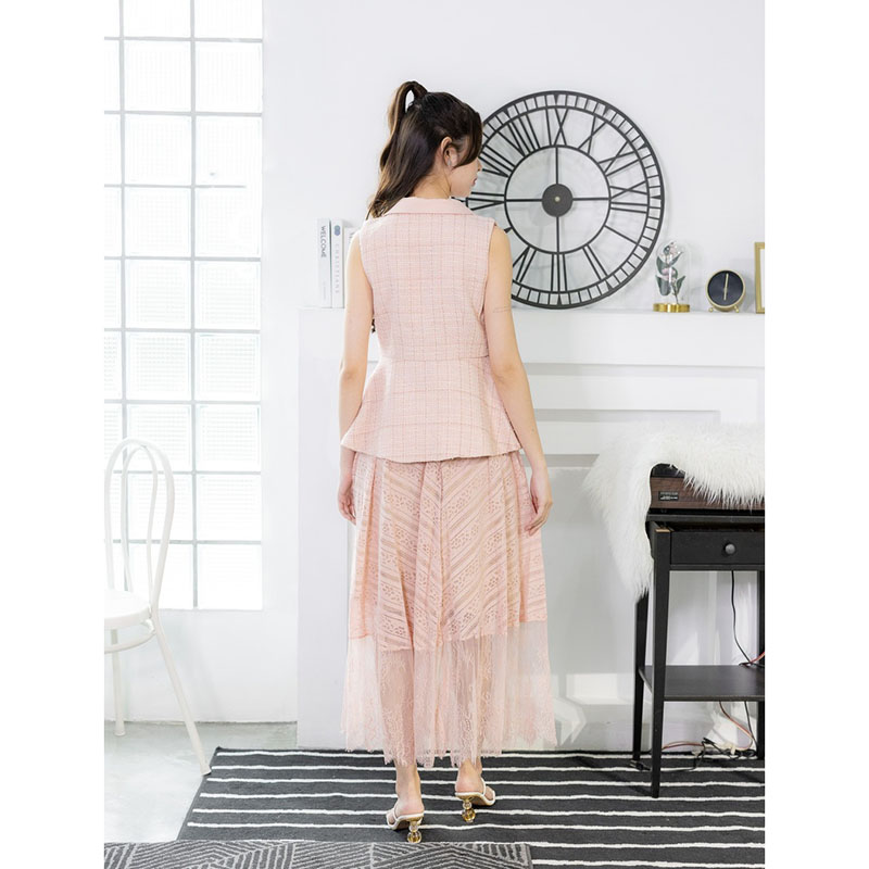 kudapy เซตเสื้อทรงสูทสีชมพู/สีขาว/สีดำ แขนกุด+กระโปรงยาวตาข่าย แต่งผ้าระบาย