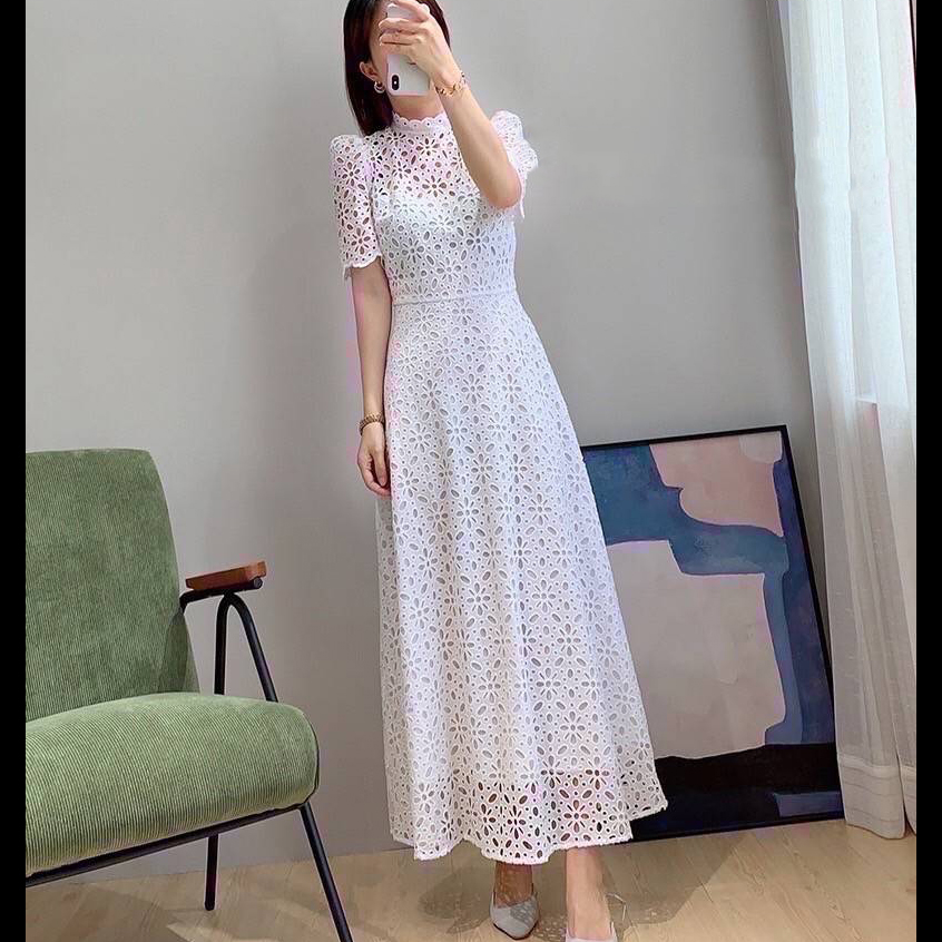 kudapy เดรสลูกไม้ฉลุ เดรสยาวฉลุลาย มีซับในเนื้อหนาอย่างดี สีชมพู, ขาว, แดง, บานเย็น, ดำ, ม่วง, เขียว