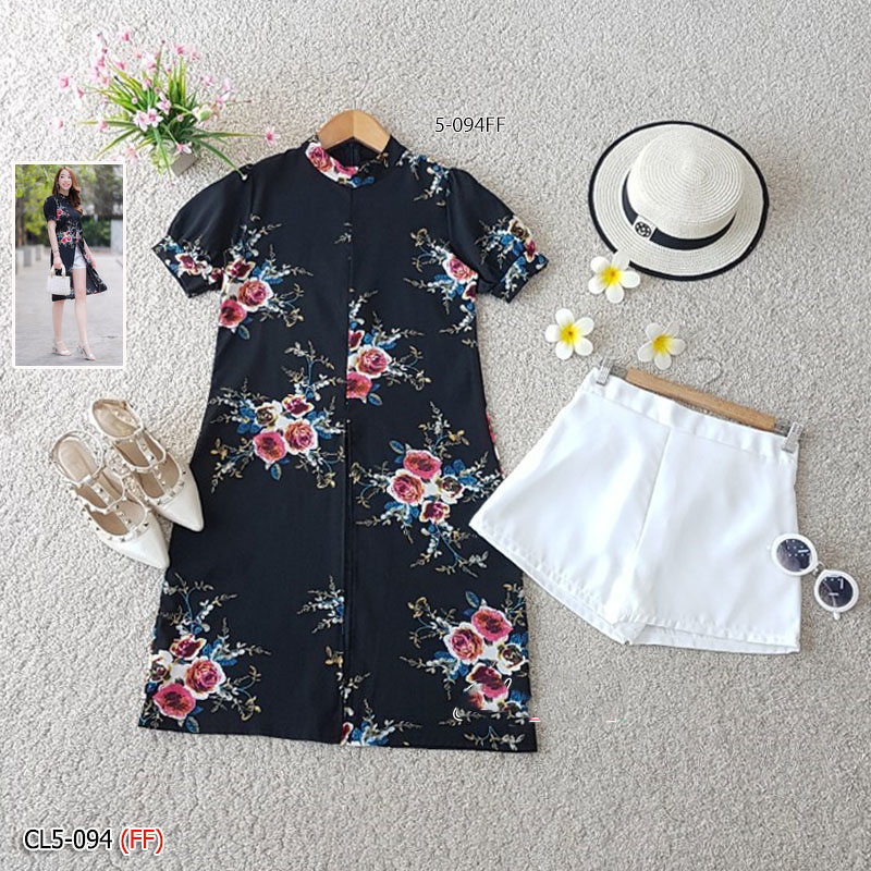 kudapy Set 2 ชิ้น เดรสคอปีนผ่าหน้า แขนตุ๊กตา เนื้อผ้าหางกระรอกพิมพ์ลายดอกกุหลาบ