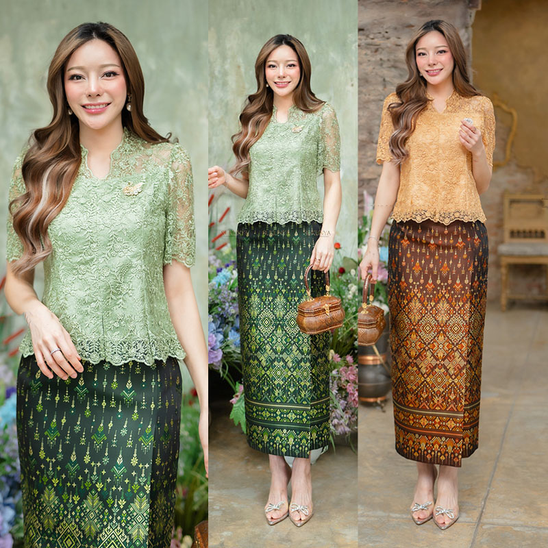 kudapy เซ็ทเสื้อลูกไม้คอวี แขนสั้นสีเขียว/สีเหลืองทอง/สีชมพู+ผ้าถุงผ้าไหมสวยดูดี ใส่ออกงาน งานเสื้อพรีเมี่ยมสุดๆ