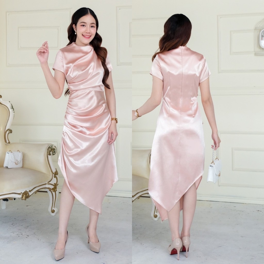 kudapy เดรสสั้นใส่ออกงานสีแดงสด แขนสั้น คอปีน ผ้าเนื้อเงา