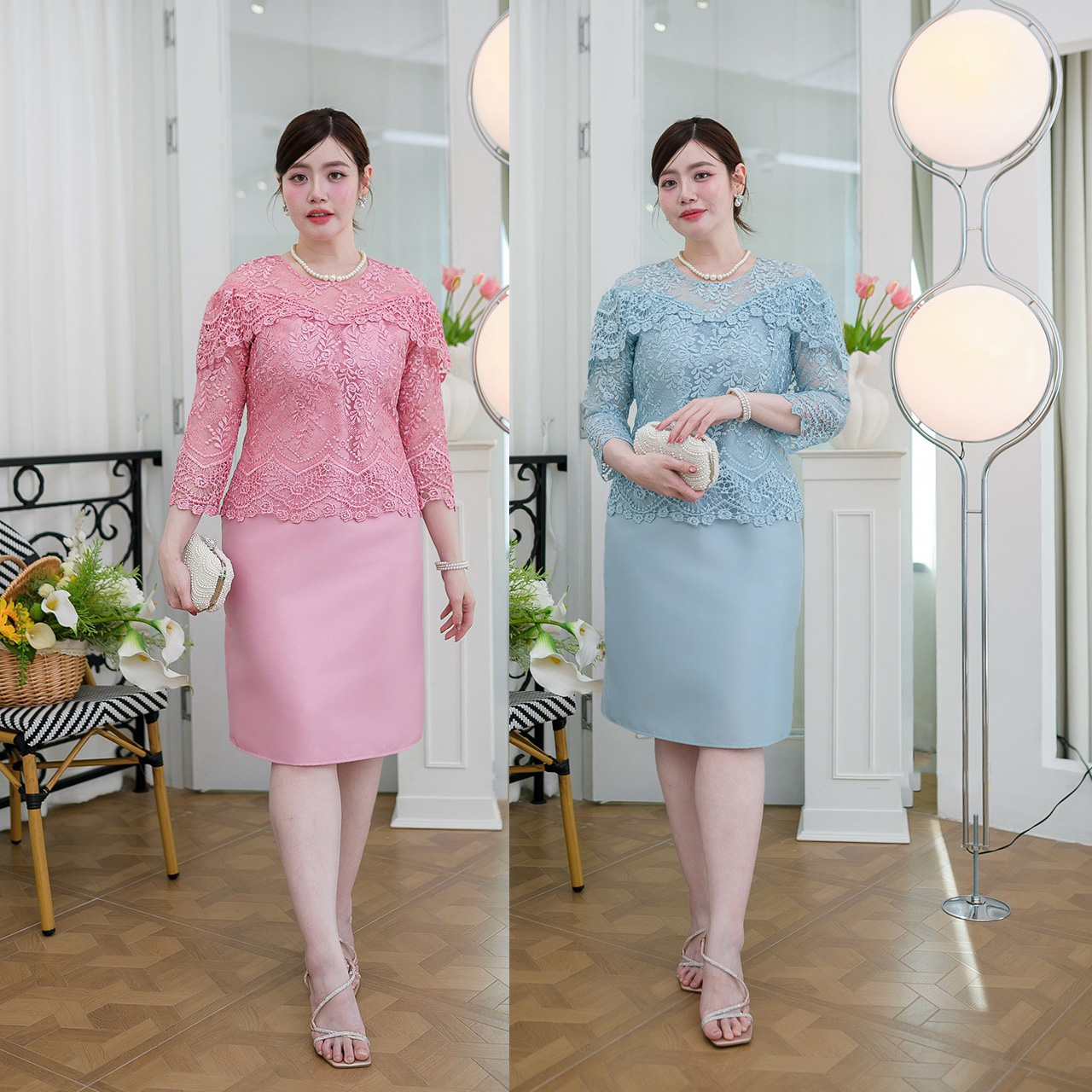 kudapy เดรสผ้าไหมลูกไม้แต่งไหล่ระบายแบบสวยเก๋ งานแขนห้าส่วนลูกไม้นิ่มไม่ระคายผิว