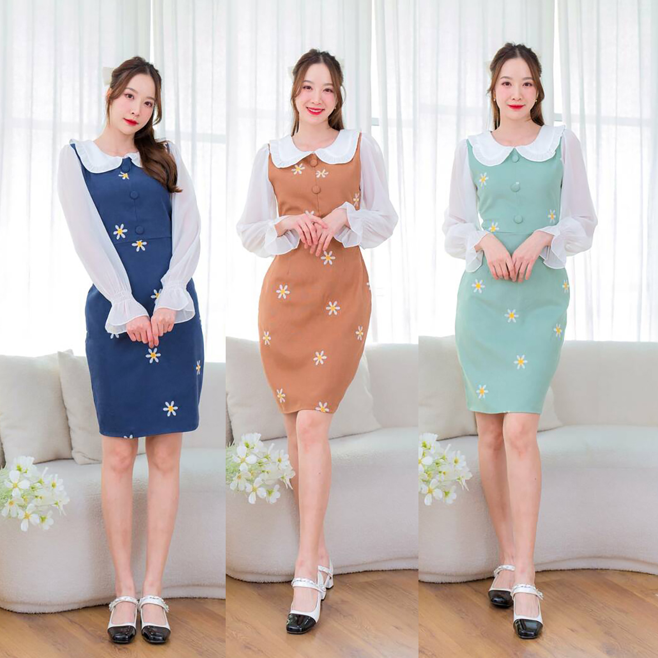 kudapy เดรสสั้นสีเขียว/สีกรม/สีน้ำตาล คอบัวแขนยาวปักดอก
