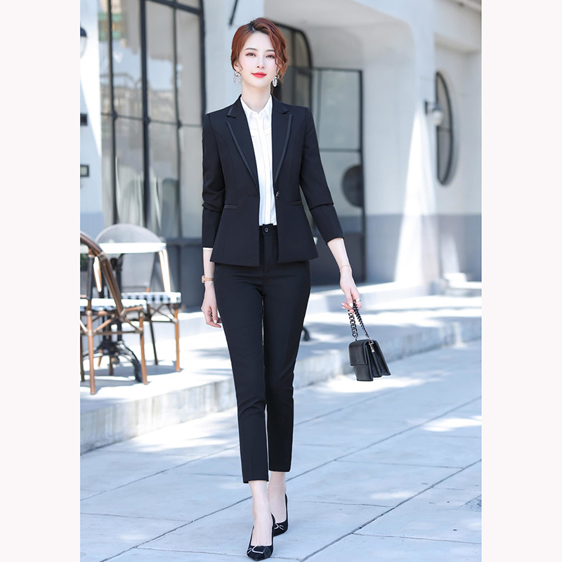 kudapy ชุดสูททำงานผู้หญิงสีฟ้าคราม/สีดำ แต่งขอบดำ สีสุภาพเรียบง่าย