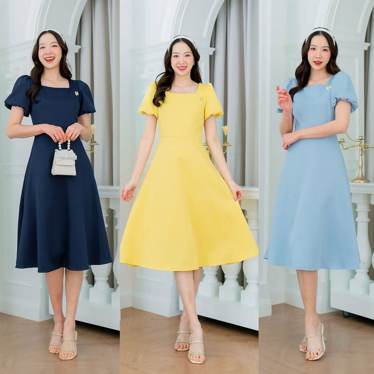 kudapy เดรสสั้นสีเหลือง/สีฟ้า/สีกรม แขนตุ๊กตากระโปรงบาน